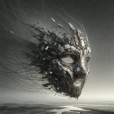 The primary subject of the image is a close-up of a futuristic, mechanical face with a skull-like appearance. The face is surrounded by a complex network of wires and cables, giving it a high-tech and intricate look. The setting is a dark, empty space, which further emphasizes the eerie and mysterious atmosphere of the scene. The visual style is a combination of digital art and illustration, creating a unique and captivating image. The dominant colors are shades of gray, black,
